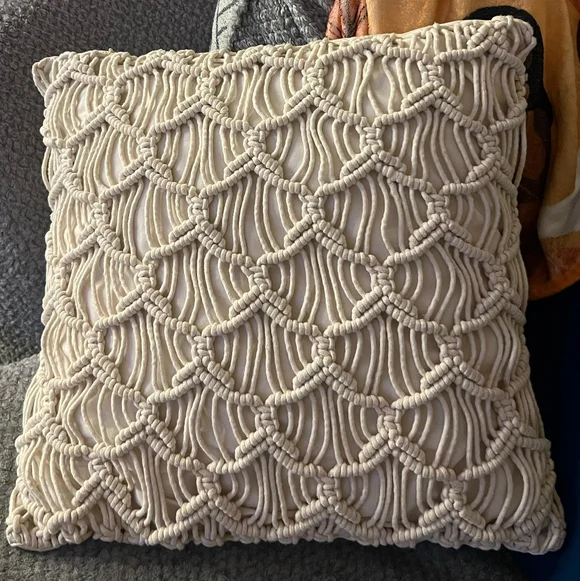 Cream Macrame Throw Pillow Boho 16×16 - Picture 4 of 4